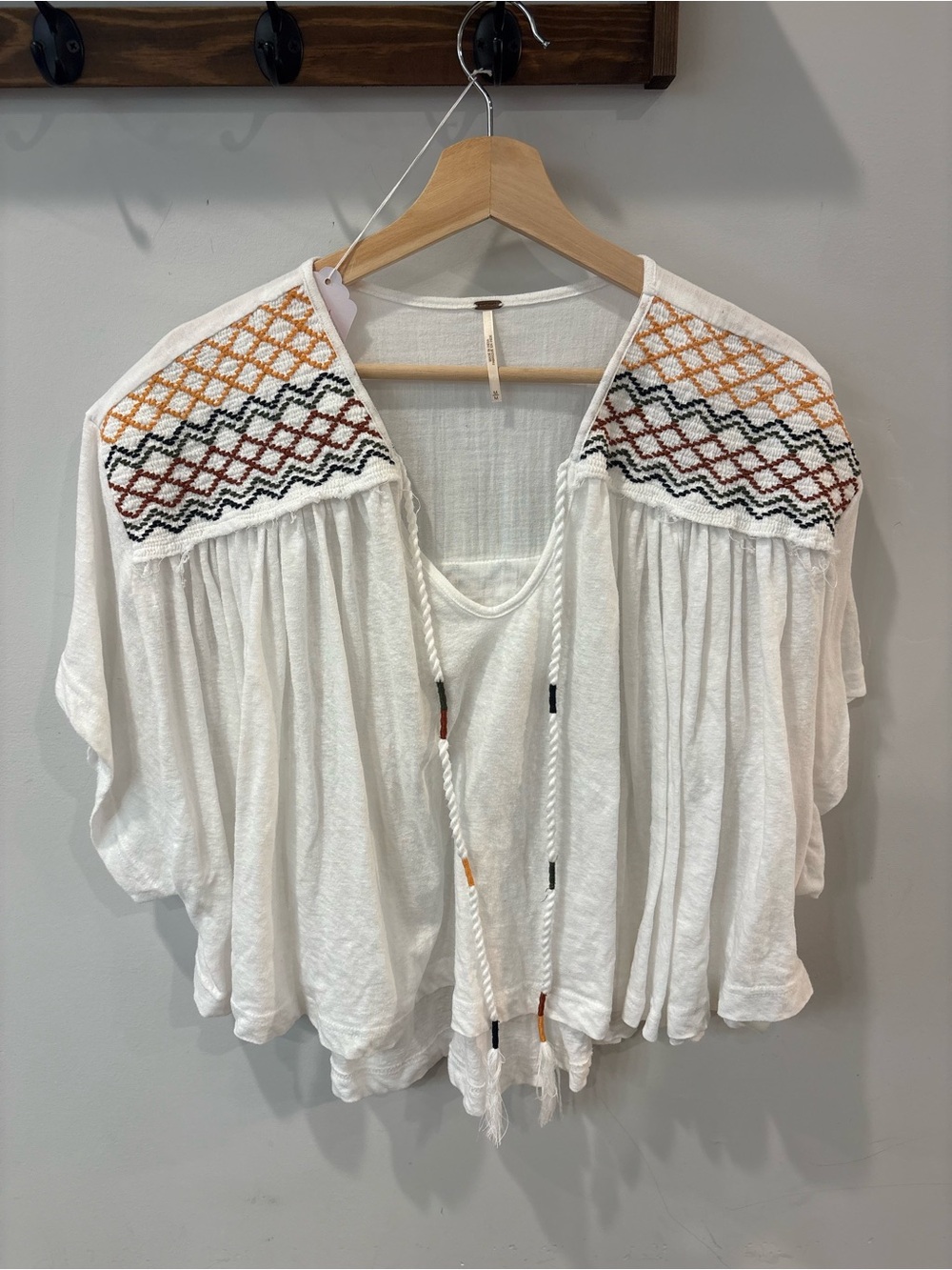 Free People Boho Embroidered White Peasant Top